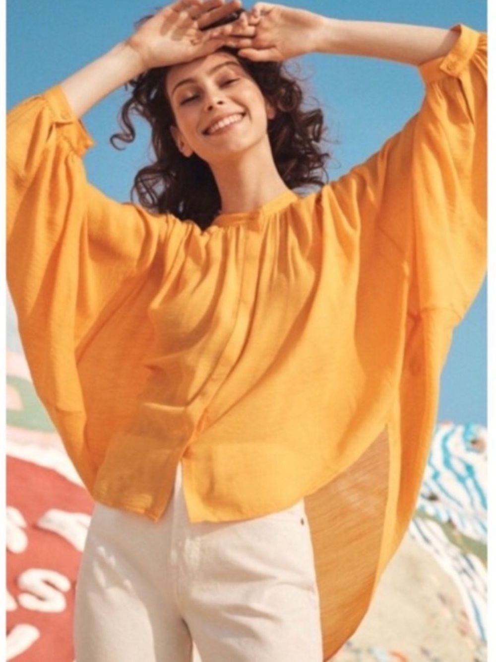 Maeve Top Womens M Yellow Gold BRYNNA Blouse Button Up Wide Batwing Sheer Solid